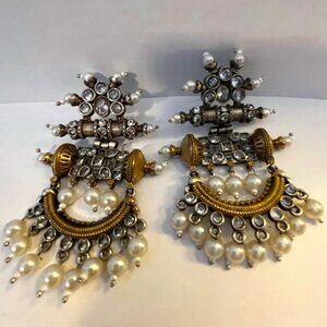 STATEMENT EARRINGS, GOLD TONE AND PEWTER COLORED METALS, PEARLS AND CRYSTALS